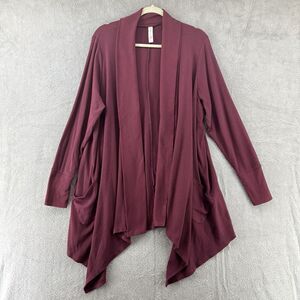 CACIQUE Sweater Women 14/16 Burgundy Rig Knit Open Front Cascade Cardigan Pocket